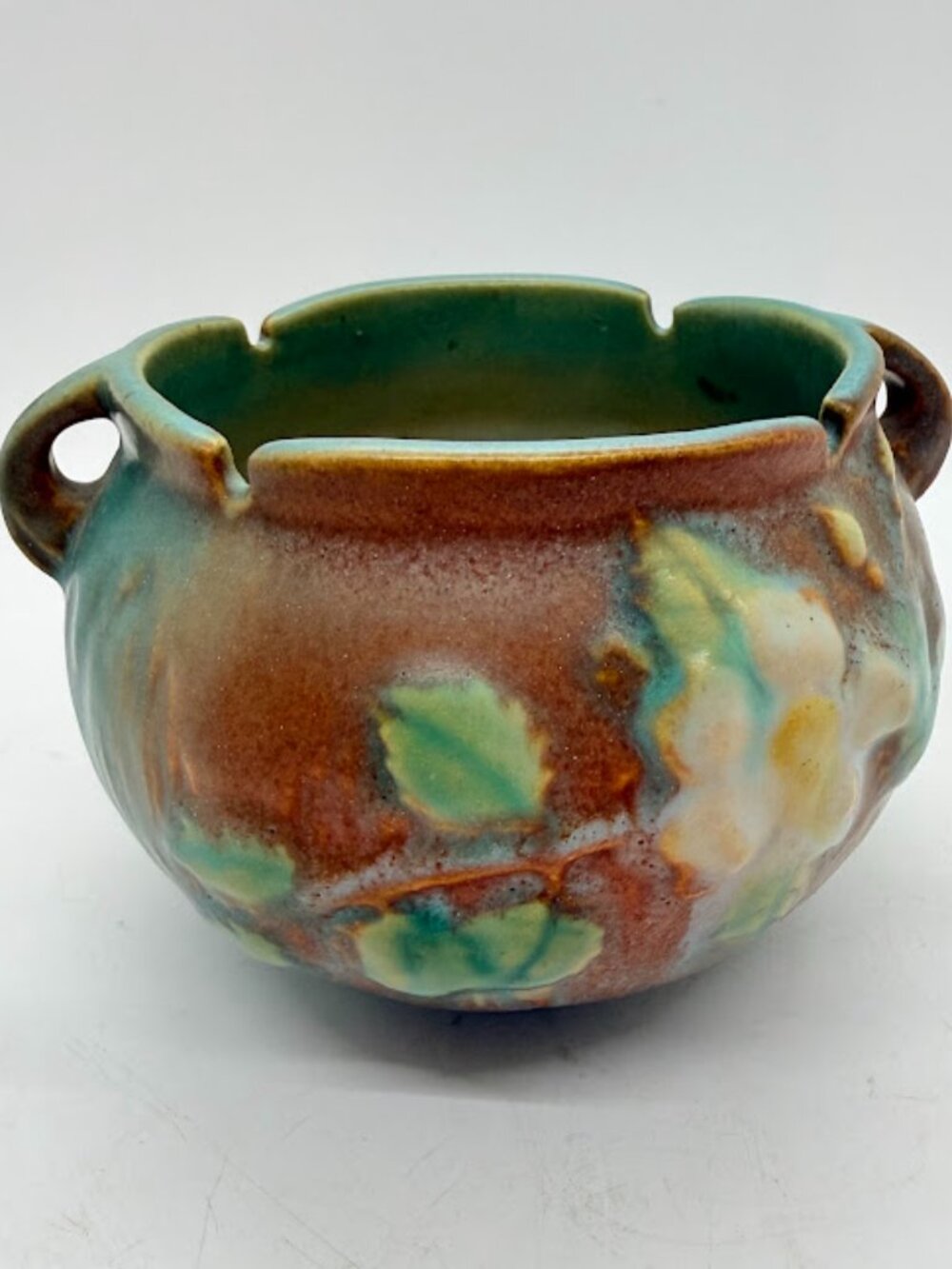Vintage Roseville Pottery White Rose Small Jardiniere Vase 653-3 Brown Green